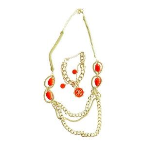 Orange Enamel Statement Necklace & Bracelet Gold Tone Layered Chain Bold Jewelry